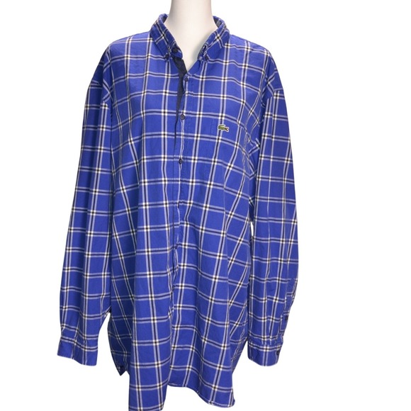 Lacoste Men's Blue Plaid Long Sleeve Button-Down Shirt Size 2XL 100% Cotton - Picture 2 of 6